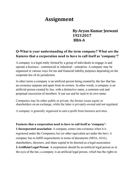 Corporate Law CIA and Notes - Assignment By-Aryan Kumar Jeewani ...