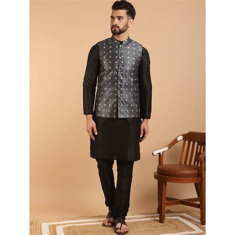 Buy Sojanya Mens Silk Blend Black Kurta Pyjama & Grey Nehru Jacket (Set ...