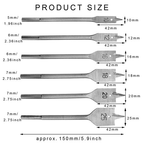6pcs 10-25mm Spade Drill Bits Set Flat-Head Hex-Shank Hole Puncher Too