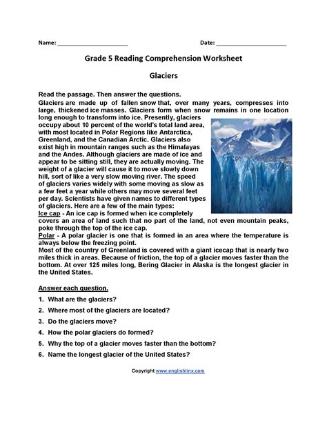 Glaciers Fifth Grade Reading Worksheets | Science reading comprehension ...