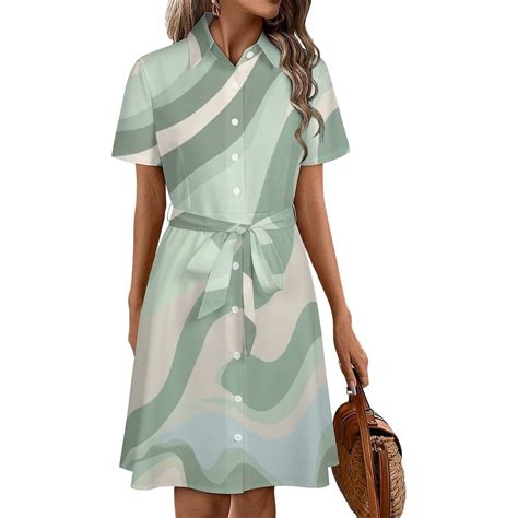 Abstract Green Wavy Pattern Womens Shirt Dresses Women'S Short Sleeve ...