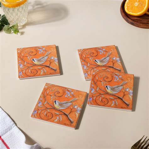 Tufted Bird Ceramic And Cork Coster Set Of 4 Online - Premium Coaster ...