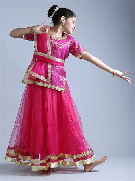 Girls Kathak Dance Dress Anarkali Style Pink Costume (3 piece set ...