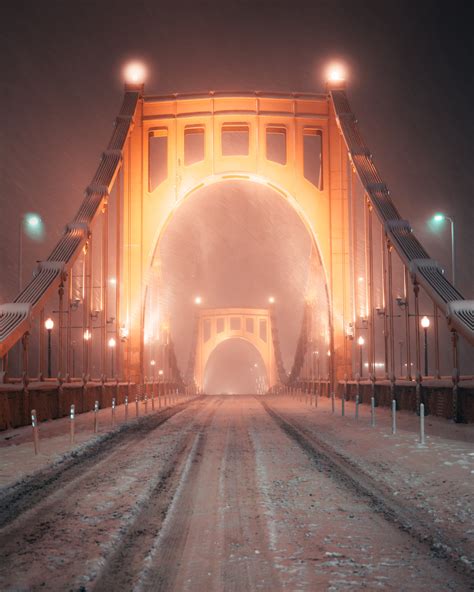 Download wallpaper 3734x4668 bridge, road, snow, blizzard, night, light ...