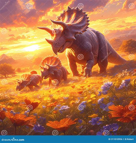 Triceratops Family, Featuring The Iconic Three-horned Herbivores In A ...
