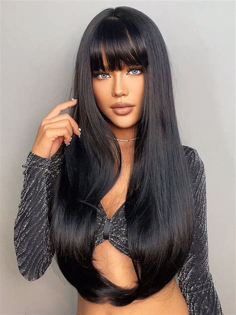 Black Collar Synthetic Fiber Bangs Wig Embellished Wigs & Accs Black ...
