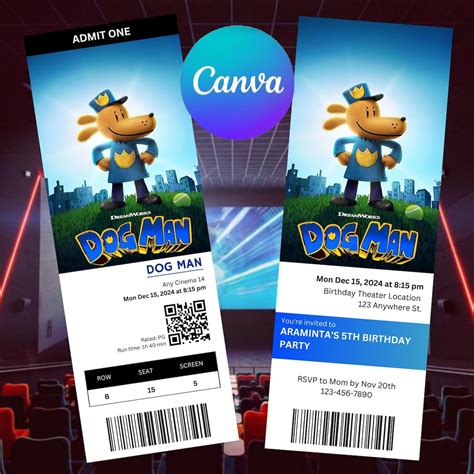 Editable Dog Man Movie Ticket Birthday Invitation, Editable Dog Man ...