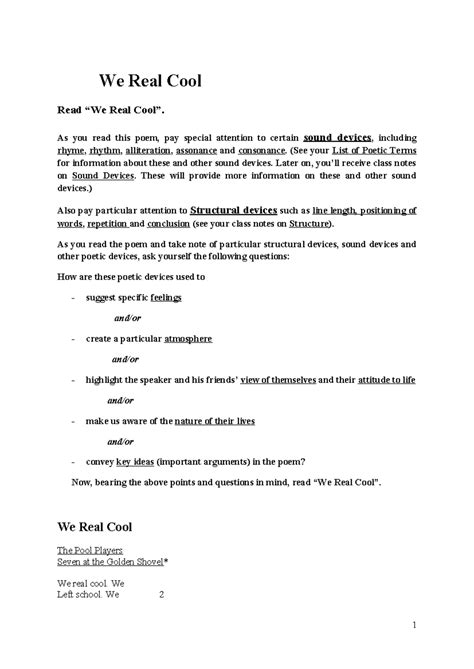 Del We Real Cool - We Real Cool Read “We Real Cool”. As you read this ...