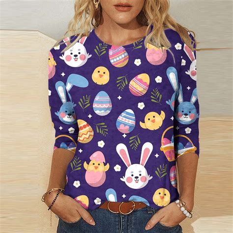 POTETI Easter Shirts,Womens Bunny Rabbit Summer 3/4 Sleeve Crew Neck ...
