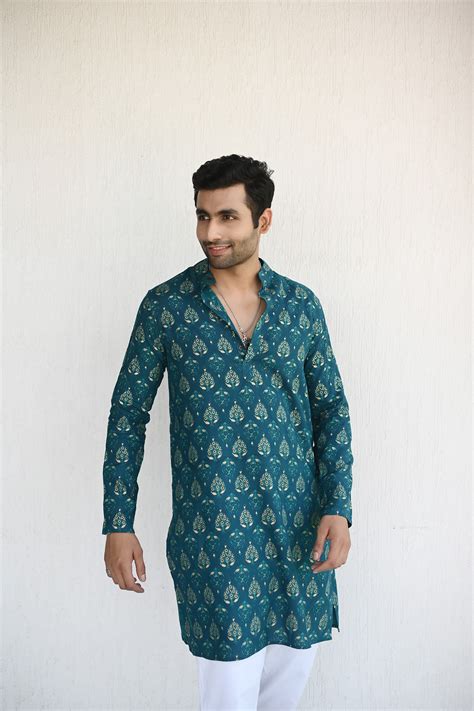 Teal Color with Golden Print Designer Full Sleeves Long Kurta | Style ...
