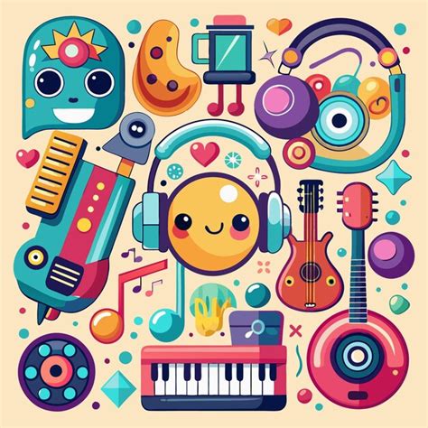 Colorful music illustration with cute characters and instruments ...
