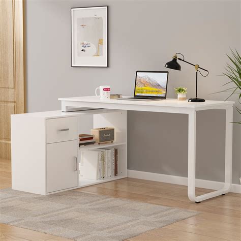 Buy AIEGLE L Shape Desk with Open Shelves, Drawer and Cabinet, White ...