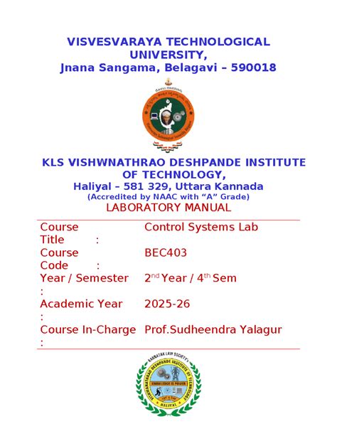 Control Systems Lab Manual BEC403 - 2nd Year 4th Sem - Studocu