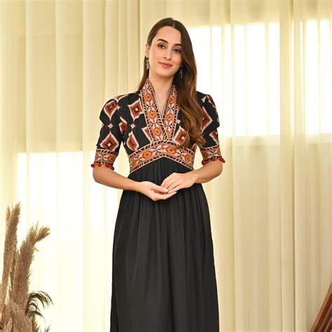 Buy Black V Neck Gathered Dress with Puff Sleeves | Rustorange