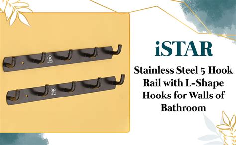 iSTAR Stainless Steel 5 Hook Rail with L-Shape Hooks for Walls of ...