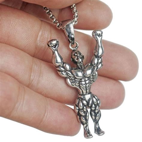 Gym Fitness Body Builder Wrestler Silver Stainless Steel Pendant Chain ...