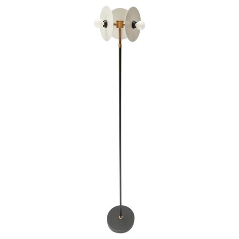 Mid-Century Black Lacquered Metal and Brass Three-Light Floor Lamp at ...