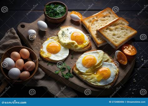 Fried Toast Bread With Four Different Types Of Cooked Chicken Eggs. AI ...