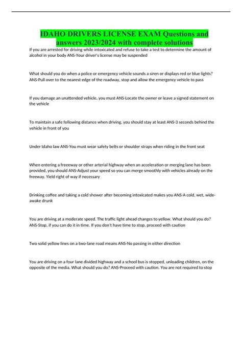 IDAHO DRIVERS LICENSE EXAM Questions and answers 2023/2024 with ...