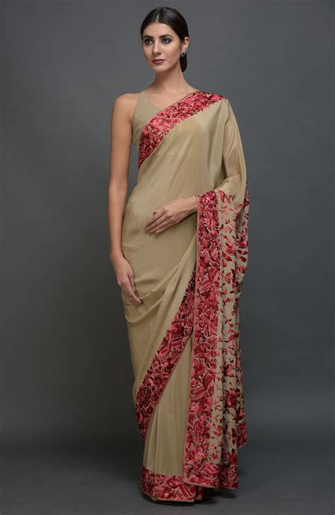Beige Parsi Gara Hand Embroidered Saree | Custom Options – Talking Threads