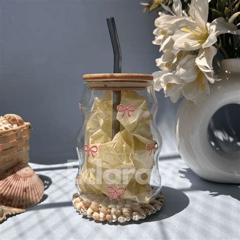 Bow - Wavy Glass Tumbler 530ml | Iced Coffee 18oz Glass Sipper with li ...