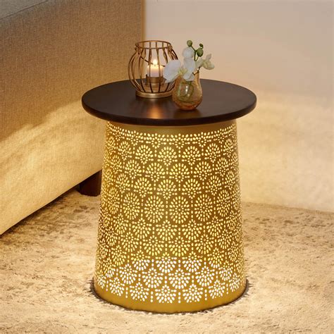 Buy Maya Aura Mango Wood Top End Table with Light - Brown and Gold from ...