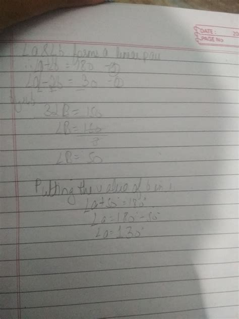 Angle AOC and BOC form a linear pair. If a minus 2b= 30° find a and b ...