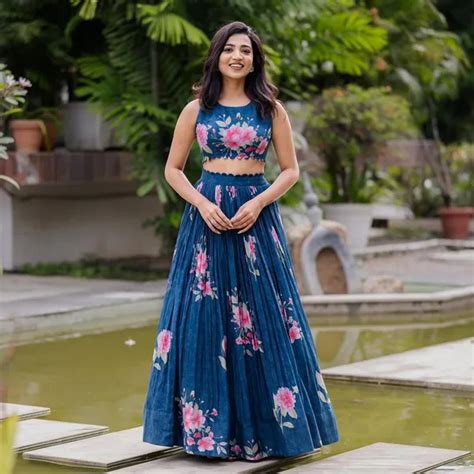 The Pankhudi Navy Blue Sleeveless Floral Crop Top & Lehenga Set Price ...