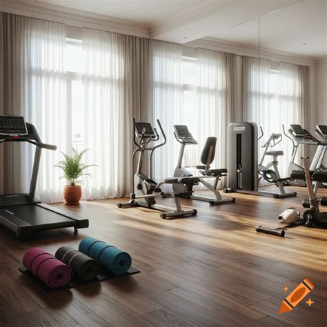 Photorealistic image of a modern gym with exercise equipment and yoga ...