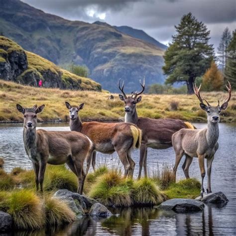 A group of deer are standing in a field near a lake | Premium AI ...