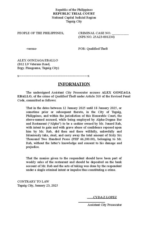 Criminal case no. (NPS no.) for qualified theft: People of the Philippines - Studocu