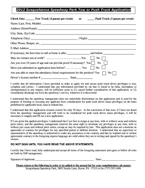 Fillable Online 2012 Susquehanna Speedway Park Tow or Push Truck ...