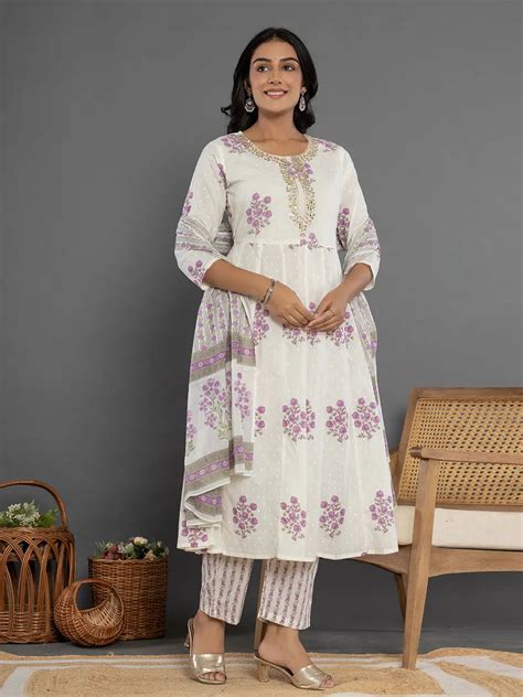Purple & White Gota Patti Cotton Anarkali Kurta Dupatta Pant Set ...