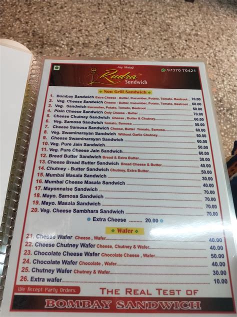 Menu at Rudra Bombay Sandwich, Anand