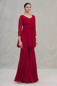 Buy Red Georgette V Neck Peplum Kurta Set For Women by Arpan Vohra ...