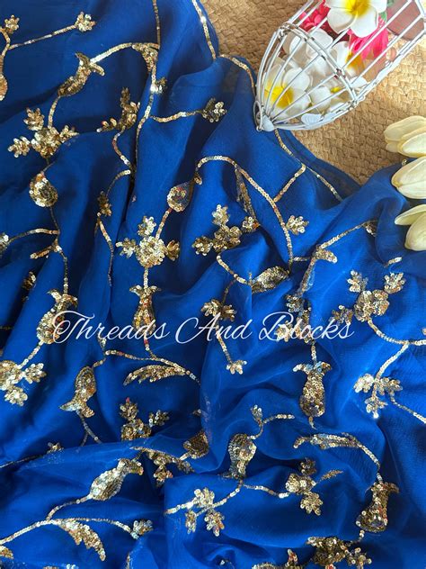 Royal Blue Sequin Jaal Saree – Threads & Blocks