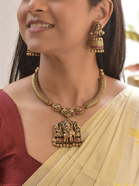 Terracotta Antique Temple Necklace Set with Lakshmi Motif – Jumkey ...