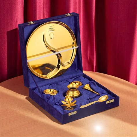 Brass Gold Pooja Thali Set in Velvet Box - Unique Ritual Elegance ...