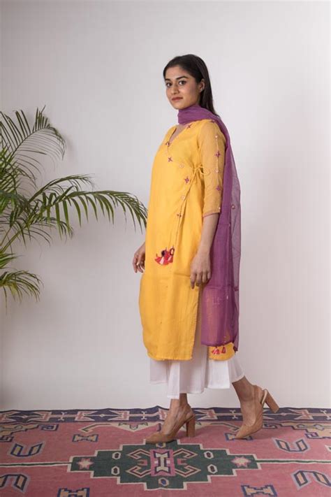 Urmul Alisha Embroidered Yellow Kota Doria Kurti Set For Women Online ...
