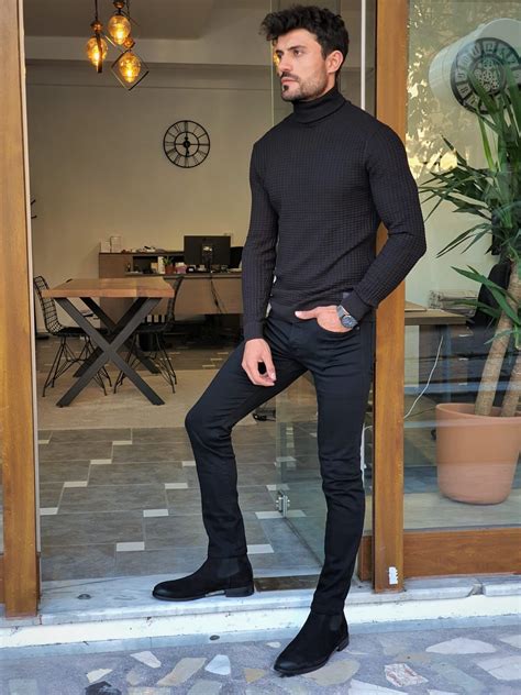 BLACK SLIM-FIT PATTERNED TURTLENECK KNIT | Turtle neck, Mens outfits ...