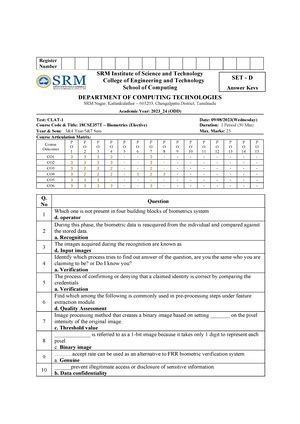 QB -2 - Question bank for Biometrics-2 - SRM INSTITUTE OF SCIENCE AND ...