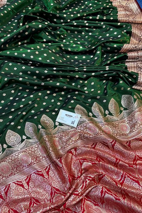 Bottle Green and Red Makkhi Buti Katan Silk Banarasi Saree – Mohsin ...
