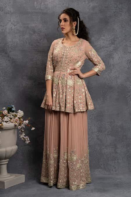 Buy Peach Georgette Embroidered Zardozi Round Dori Peplum And Sharara ...