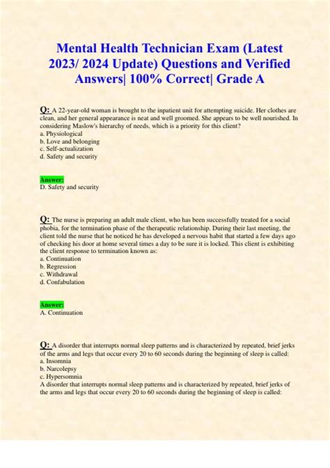 Mental Health Technician Exam (Latest 2023/ 2024 Update) Questions and Verified Answers| 100% ...