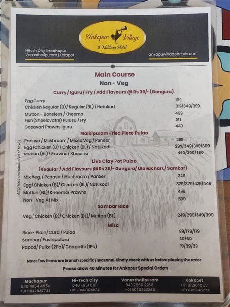 Menu at ANKAPUR VILLAGE A MILITARY HOTEL, Hyderabad, 1-98/2