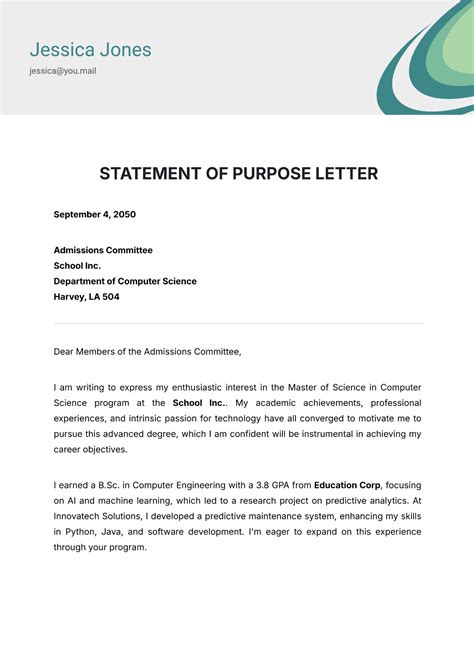 Free Statement of Purpose Letter Template to Edit Online