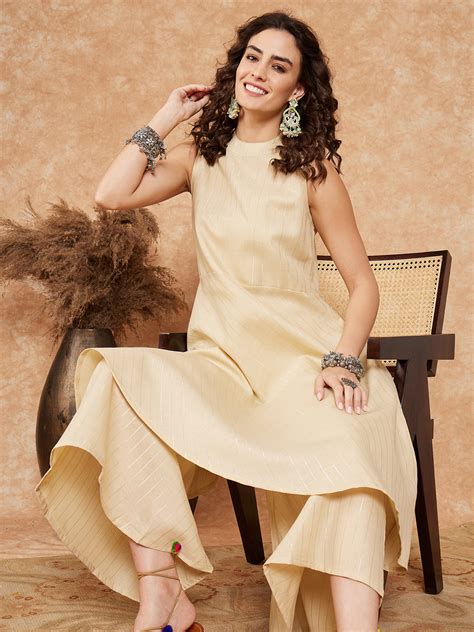 CREAM LUREX HALTER NECK W/S KURTA PALAZZO SET - InWeave