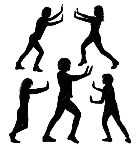 Female people pushing action pose silhouette | Premium Vector