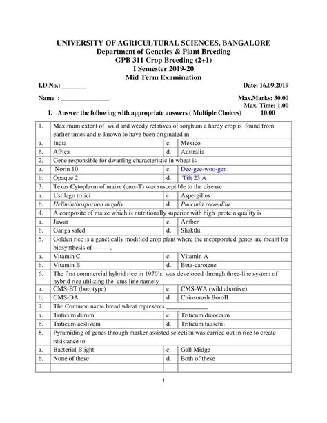 GPB 311 Crop Breeding (2+1) Question Paper (2019)