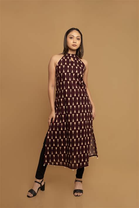 Shop Maroon Printed Cotton Halter Neck Kurta for Women Online